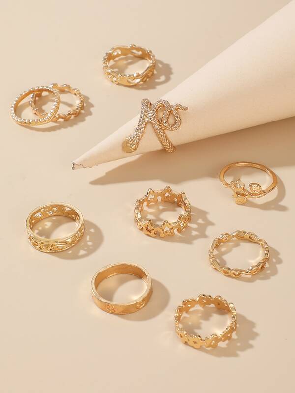 10pcs Serpentine & Leaf Design Ring for Women