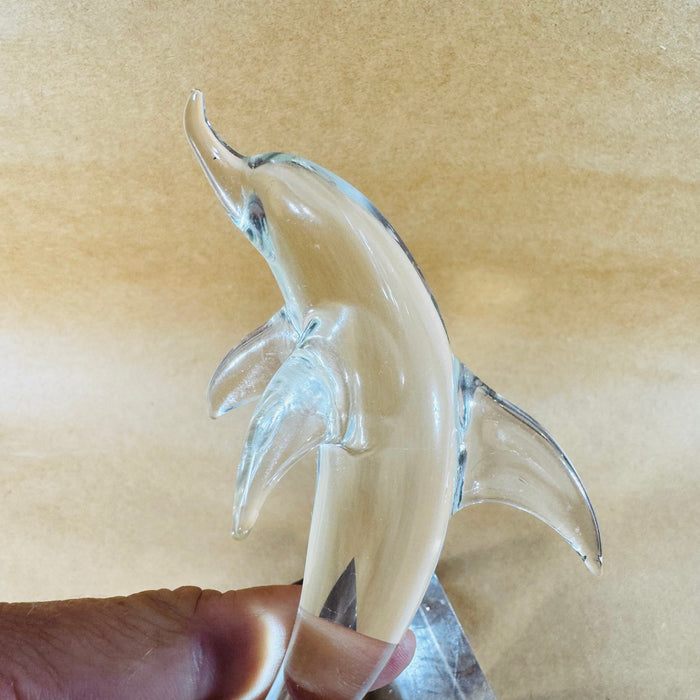 Clear Glass Leaping Dolphin Figurine 1970s Murano Style Art Glass Sculpture