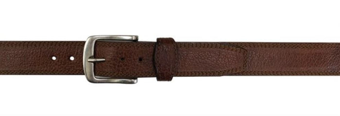 A flat view of a Brown bison leather belt with a nickel finish buckle, featuring tonal triple stitched edges and a sloped leather loop.