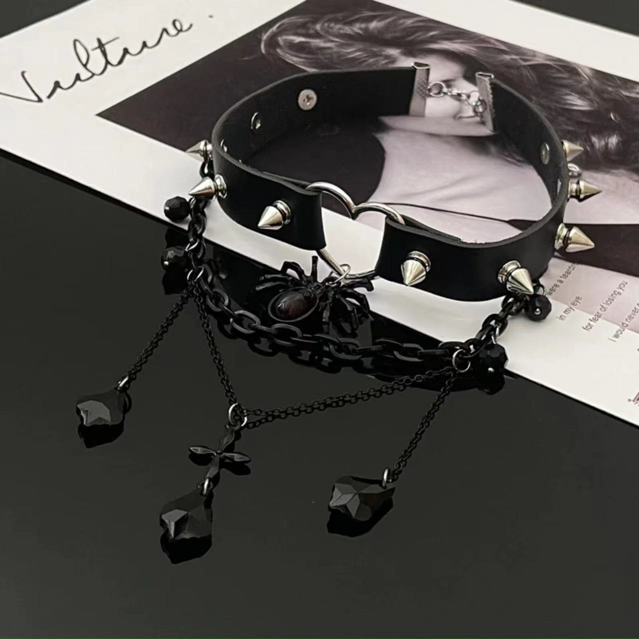 Spider rivet heart pendant PU leather layered choker necklace | Festival Outfits Women