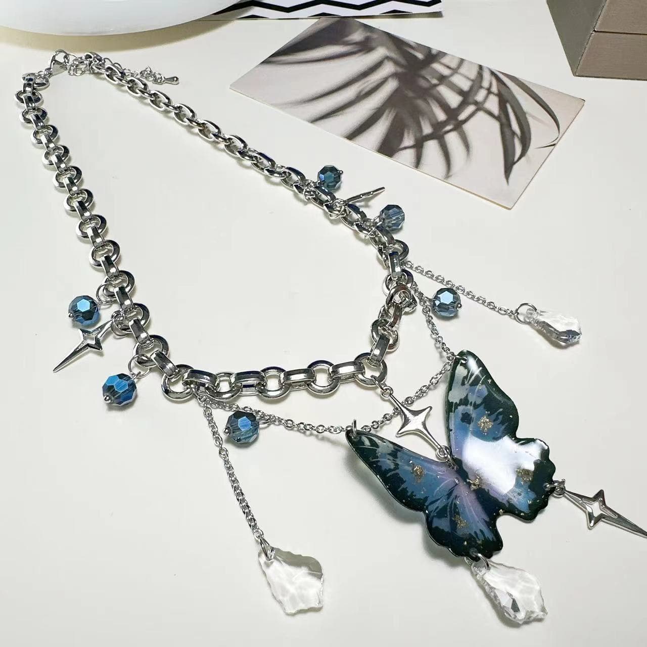 Butterfly pendant beaded crystal necklace | Festival Outfits Women