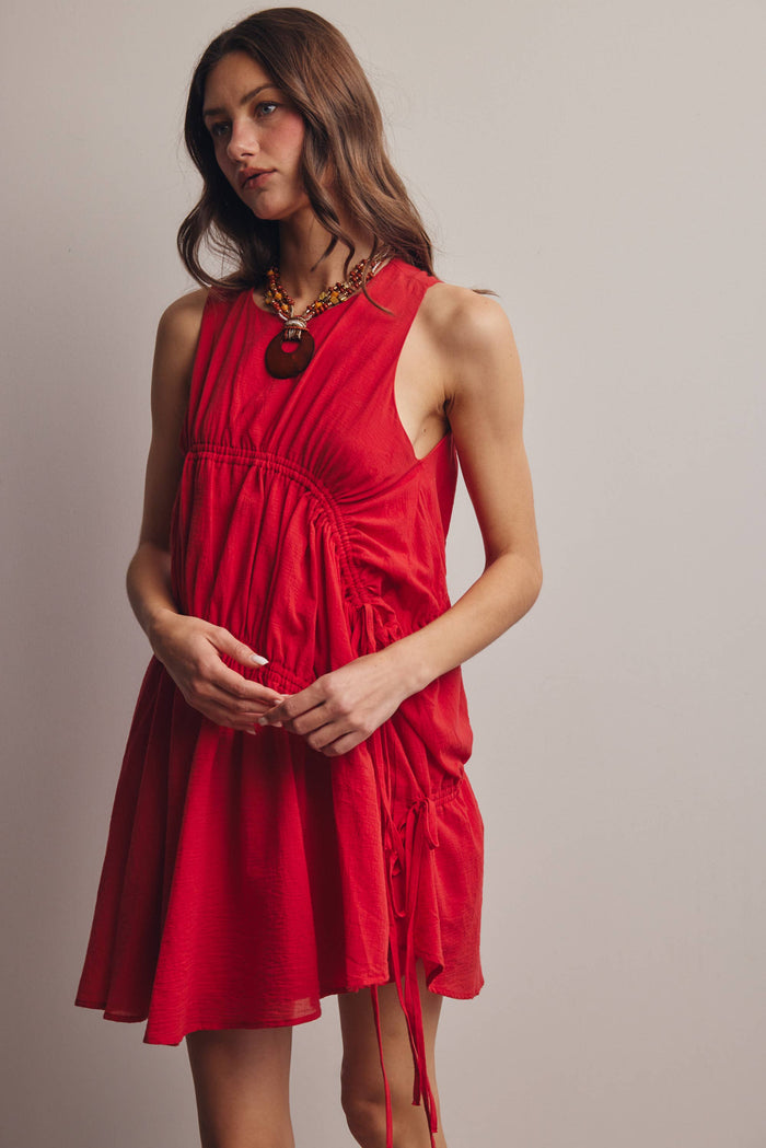Ruched Tie Detail Lined Mini Dress