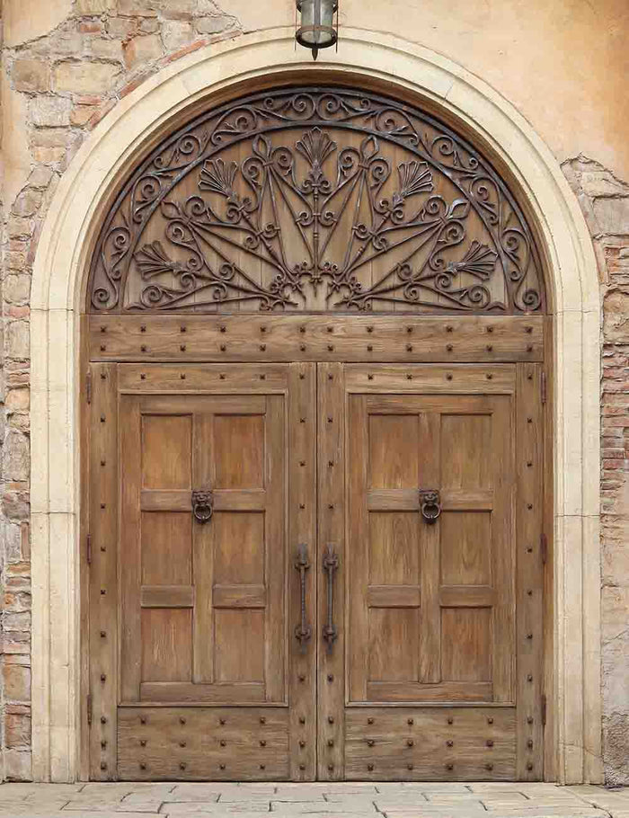Senior Brown Arch Wood Door With Brick Wall And Stone Floor Backdrop Shopbackdrop