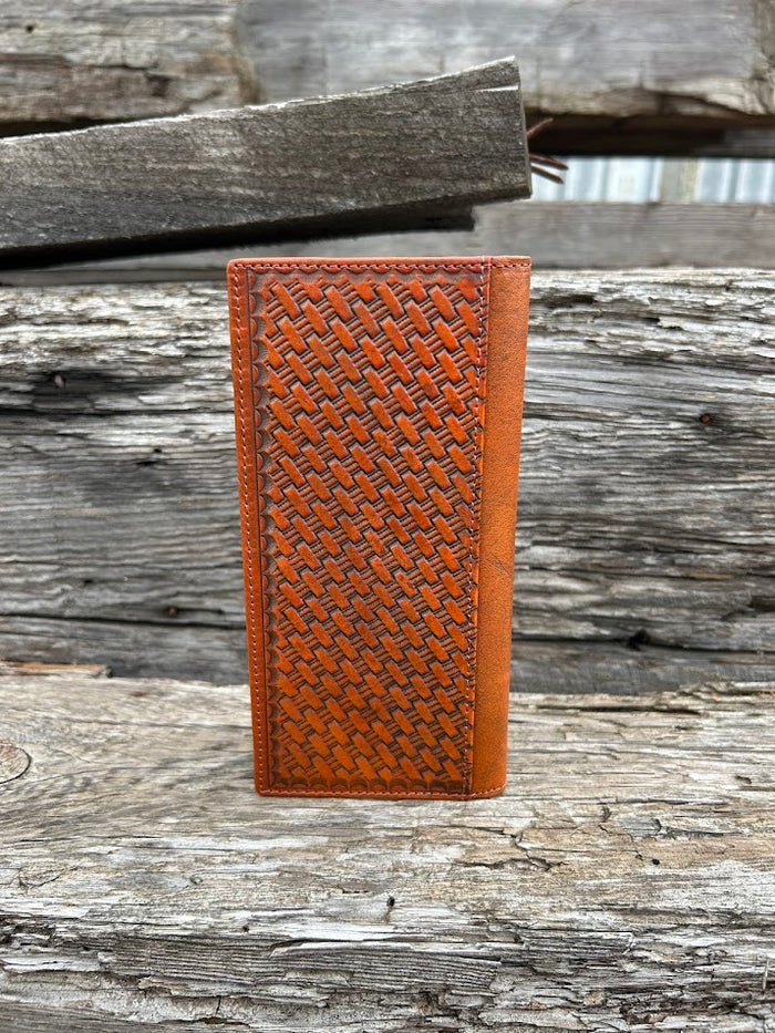 Brown basketweave leather tall wallet with Praying Cowboy Concho on cowhide inlay. Rear View