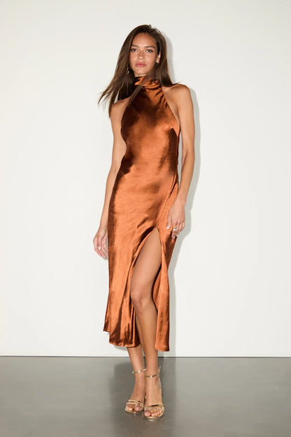 Exceptional Status Rust Halter Backless Slip Midi Dress
