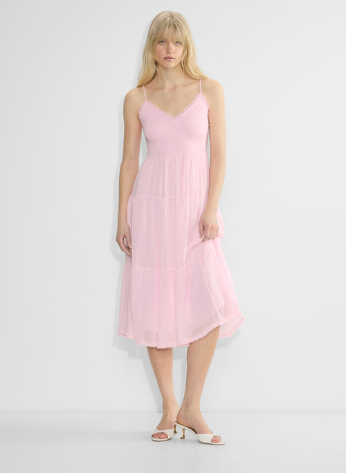 Chiffon tiered V-neck midi dress— villa pink