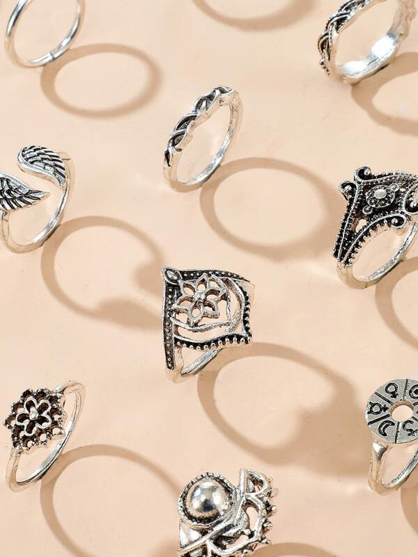 14pcs Retro Hollow Out Flower Shell Ring for Women