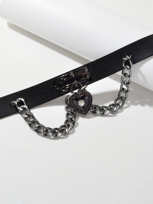 Black Gothic Ajustable Pu Leather Choker Collar Necklace With Heart Pendant for Women