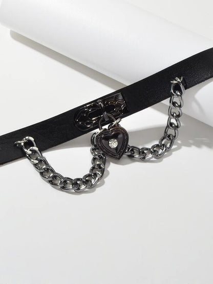 Black Gothic Ajustable Pu Leather Choker Collar Necklace With Heart Pendant for Women
