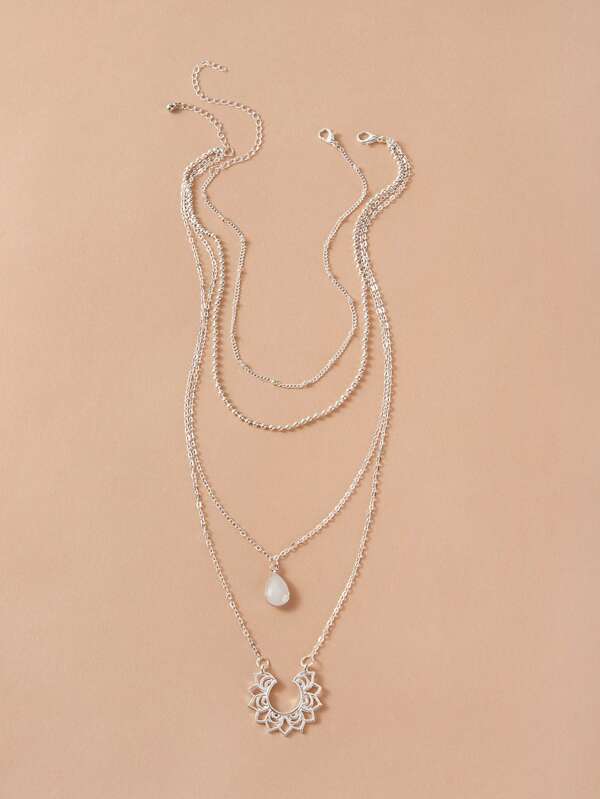 2pcs Waterdrop & Flower Pendant Necklace for Women