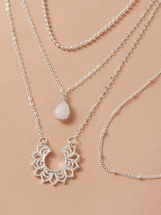 2pcs Waterdrop & Flower Pendant Necklace for Women