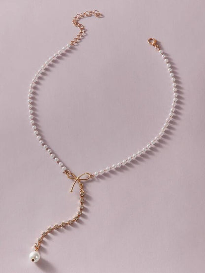 1pc Faux Pearl & Bow Decor Y Lariat Necklace for Women