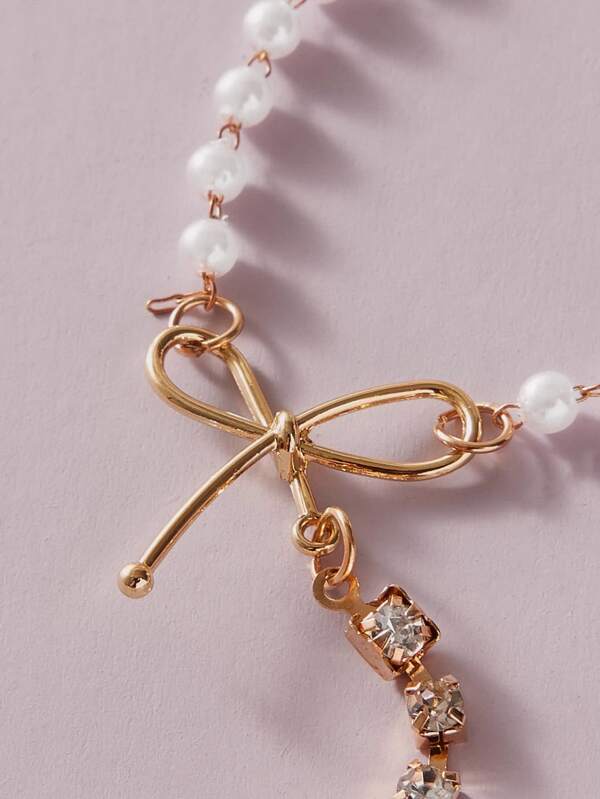1pc Faux Pearl & Bow Decor Y Lariat Necklace for Women