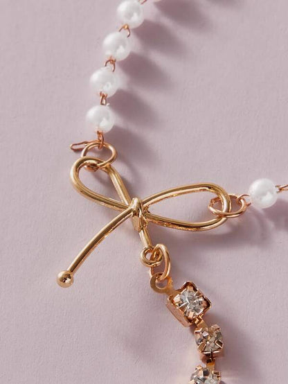 1pc Faux Pearl & Bow Decor Y Lariat Necklace for Women
