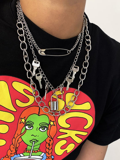 3pcs Lock & Key Charm Chain Necklace for Women