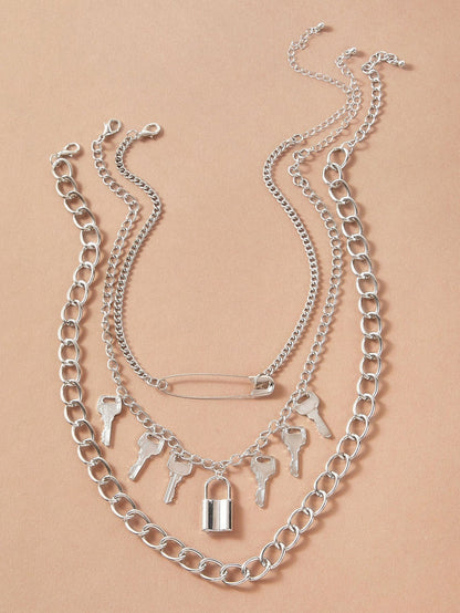3pcs Lock & Key Charm Chain Necklace for Women