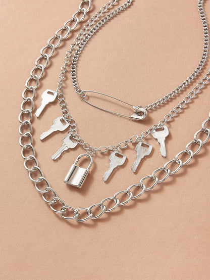 3pcs Lock & Key Charm Chain Necklace for Women