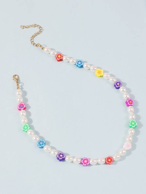 Faux Pearl & Flower Beaded Necklace for Women