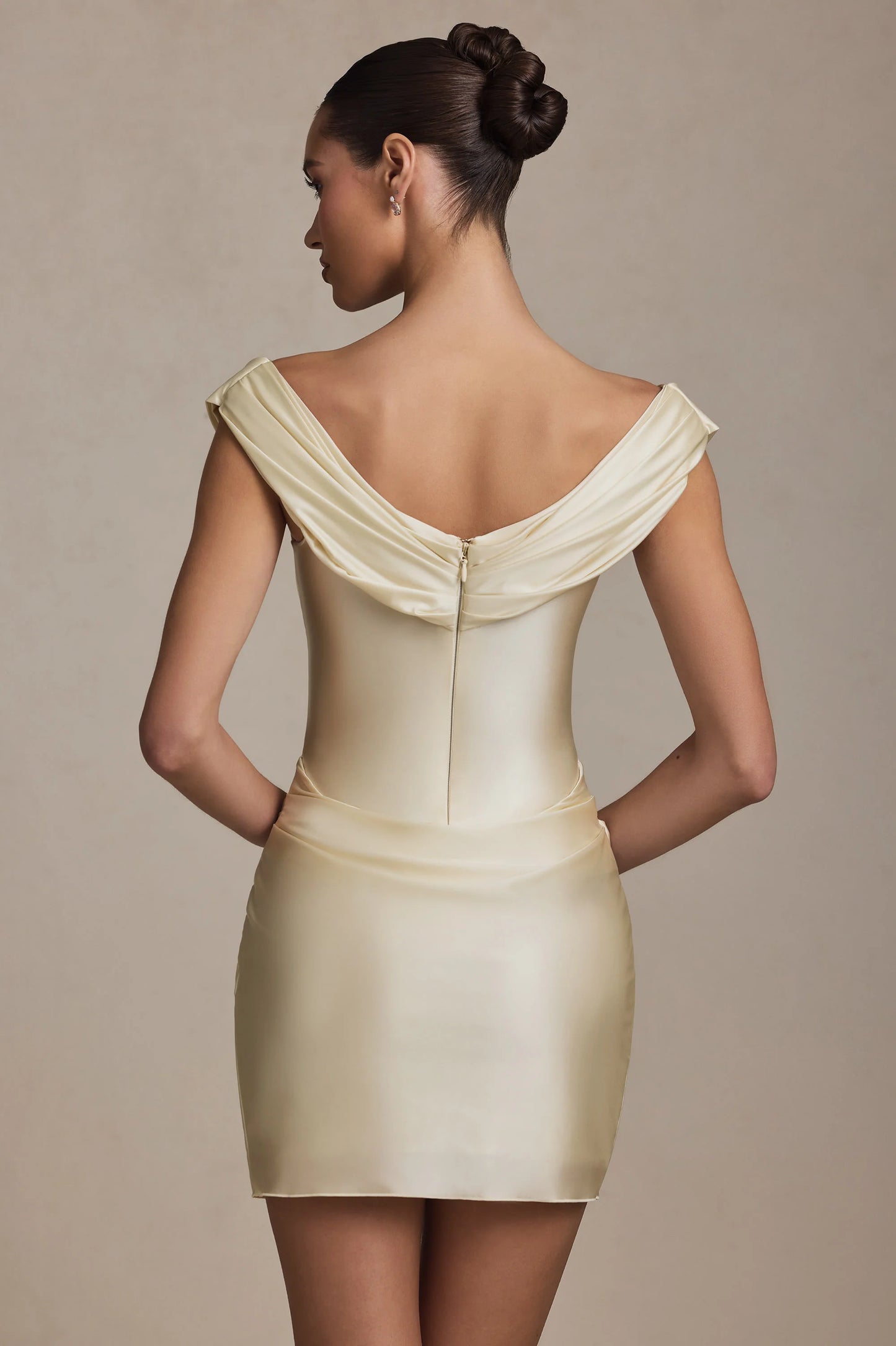 Off-Shoulder Draped Mini Dress in Ivory