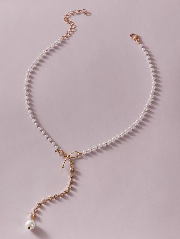 1pc Faux Pearl & Bow Decor Y Lariat Necklace for Women