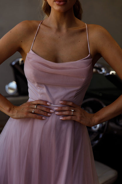 Floating By Pleated Neckline Mesh Midi Dress Blush