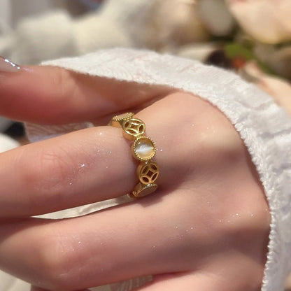 Geometric Round Coin Hollow Opal Open Ring