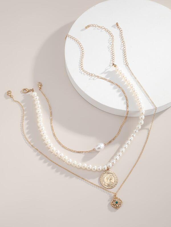 3pcs Coin Faux Pearl Decor Necklace for Women