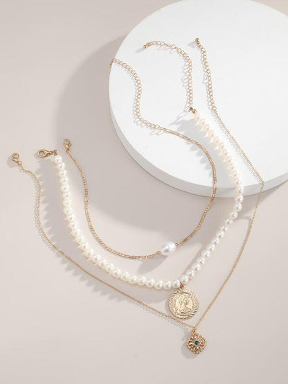 3pcs Coin Faux Pearl Decor Necklace for Women