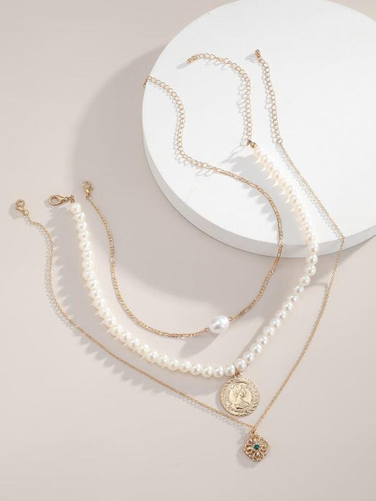 3pcs Coin Faux Pearl Decor Necklace for Women