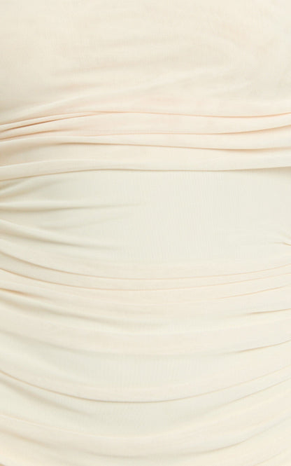 Clyde Mini Dress - Mesh Off Shoulder Ruched Bodycon Dress in Cream