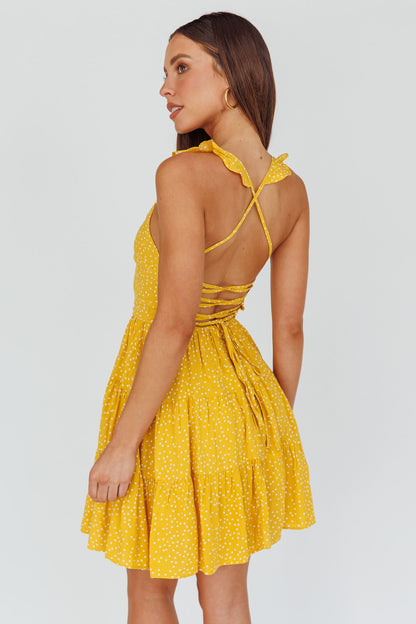 Allegra Fluted Hem Lace-Up Back Dress Yellow