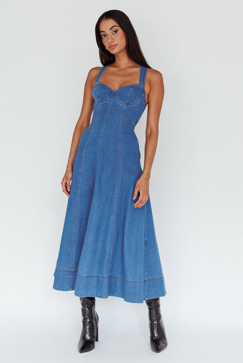 Ellora Criss-Cross Back Denim Maxi Dress Navy