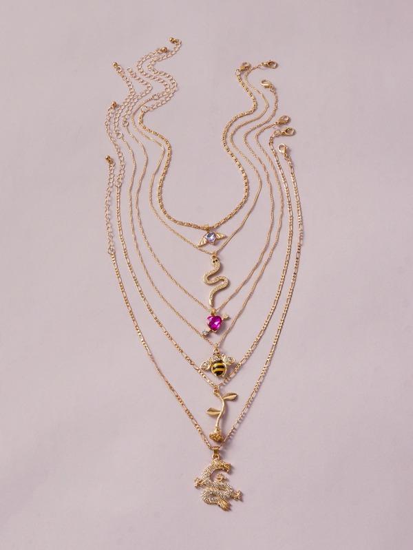 6pcs Rose & Bee Charm Necklace for Women