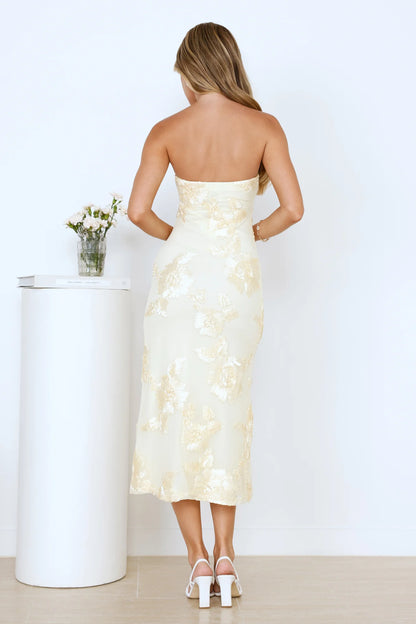 Magic Haze Strapless Mesh Midi Dress Yellow