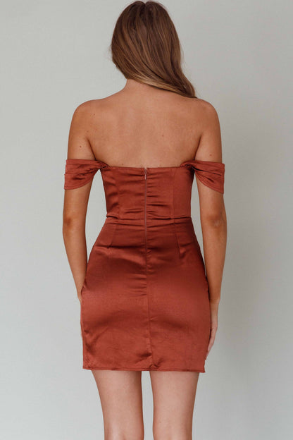Night To Remember Off-Shoulder Satin Dress Chocolate