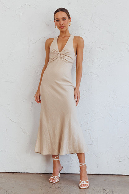 Coastal Charm Twist Back Maxi Dress Oat