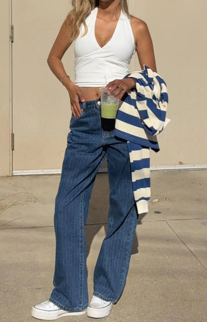 Calliope Pinstripe Mid Wash Mid Rise Slouchy Jeans