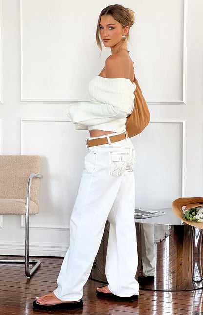Clara Star White Denim Low Rise Jeans