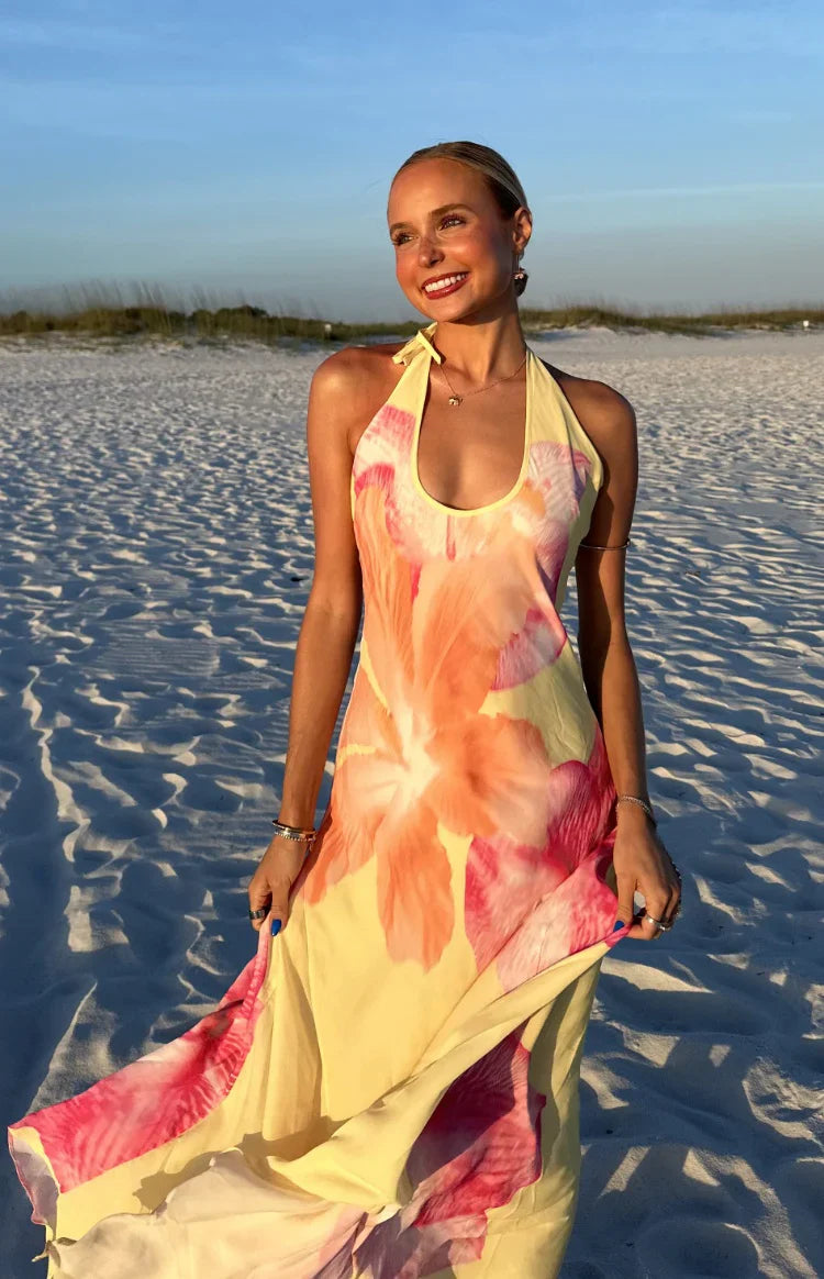 Elowen Yellow Hibiscus Floral Halter Maxi Dress