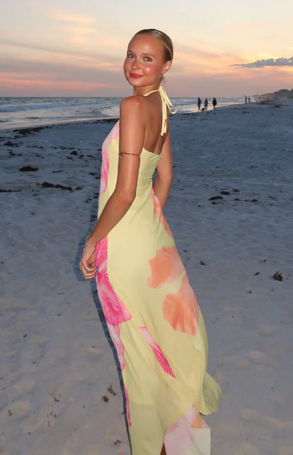 Elowen Yellow Hibiscus Floral Halter Maxi Dress