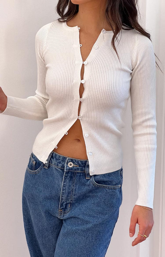 Kippy White Ribbed Knit Button Up Long Sleeve Sweater