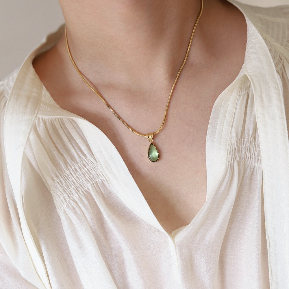 Aqua Teardrop Pendant Titanium Steel Gold Plated Necklace
