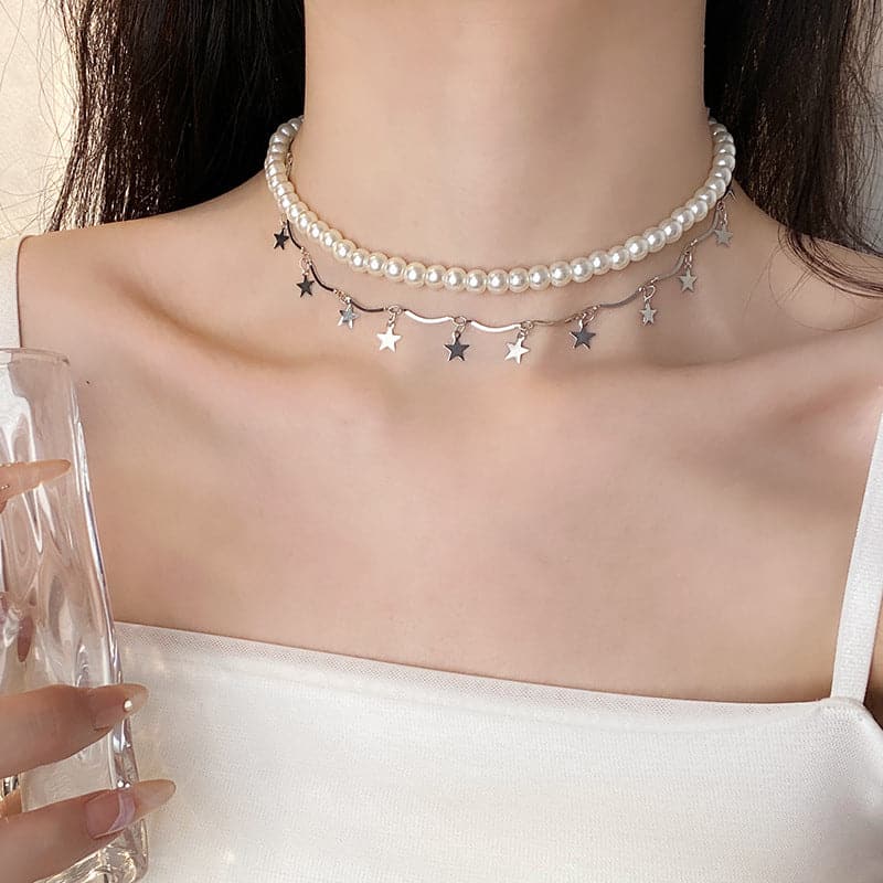 Faux pearl layered tassels choker necklace  | Festival Outfits Women