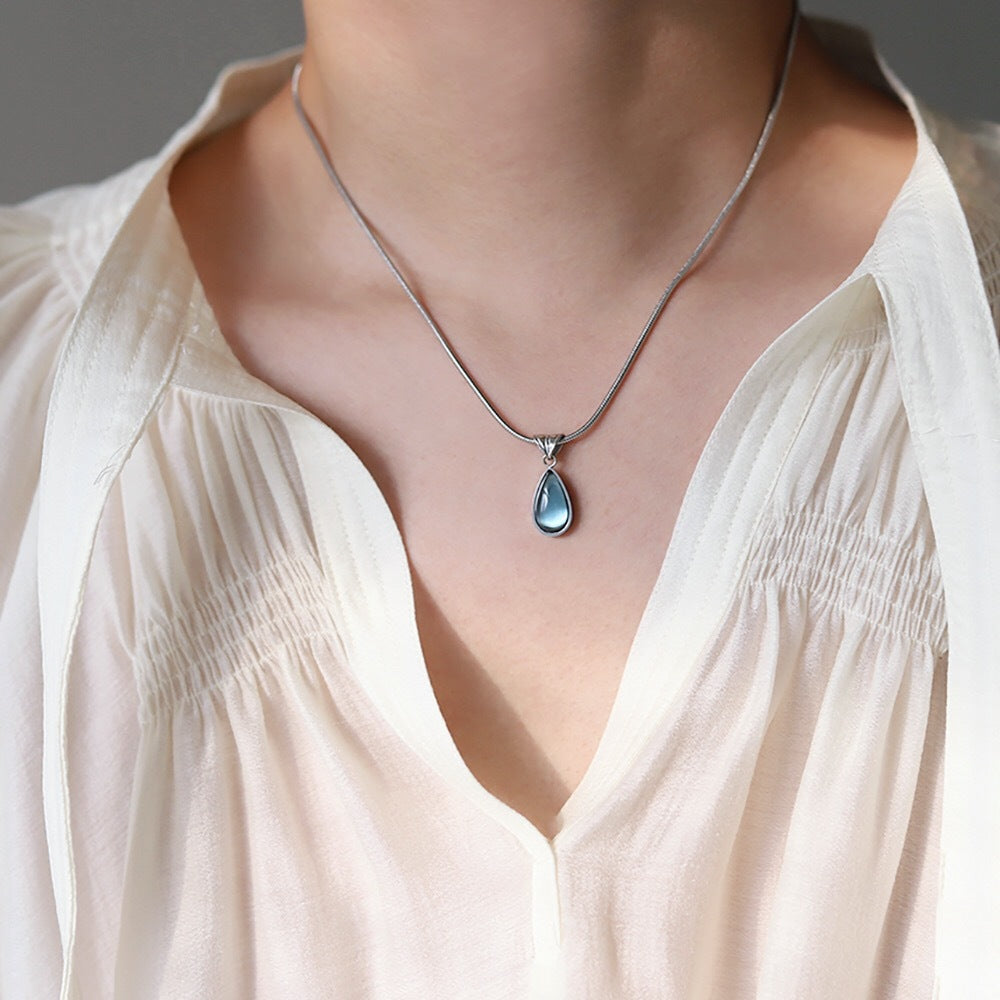 Aqua Teardrop Pendant Titanium Steel Gold Plated Necklace