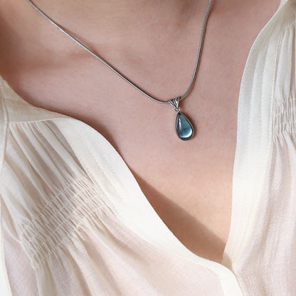 Aqua Teardrop Pendant Titanium Steel Gold Plated Necklace