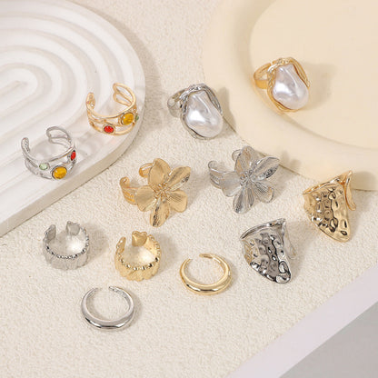 6-Piece Baroque Pearl Floral Adjustable Ring Set