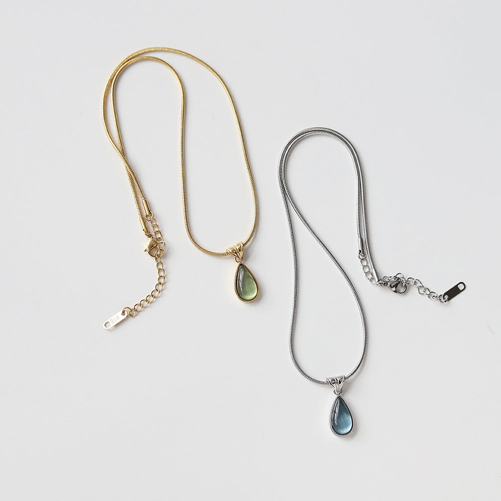 Aqua Teardrop Pendant Titanium Steel Gold Plated Necklace