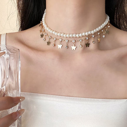 Faux pearl layered tassels choker necklace  | Festival Outfits Women