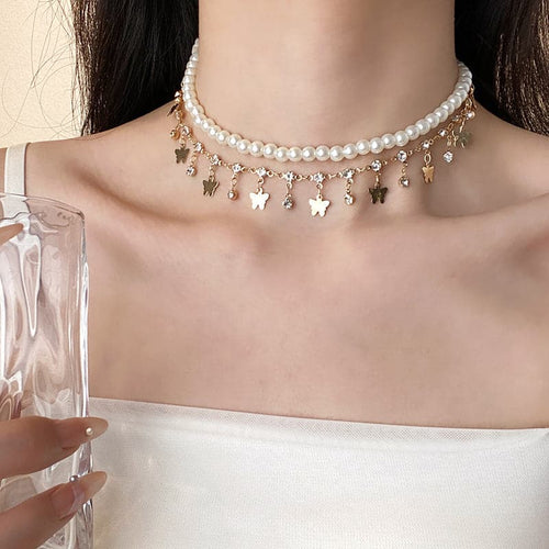 Faux pearl layered tassels choker necklace  | Festival Outfits Women