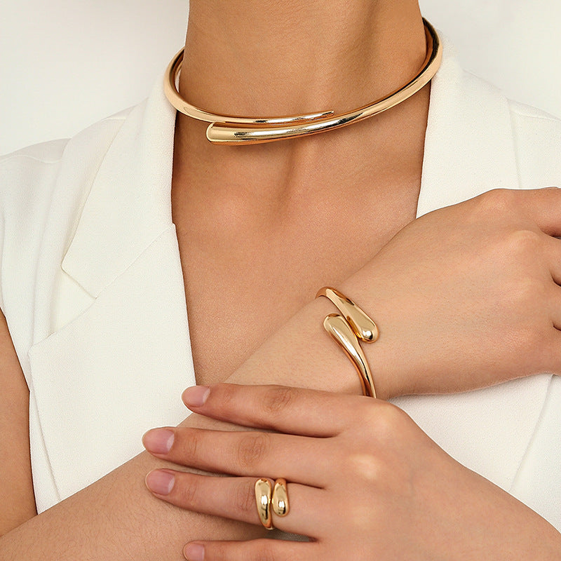 3 Piece Heavy Geometric Bracelet, Ring & Necklace Set